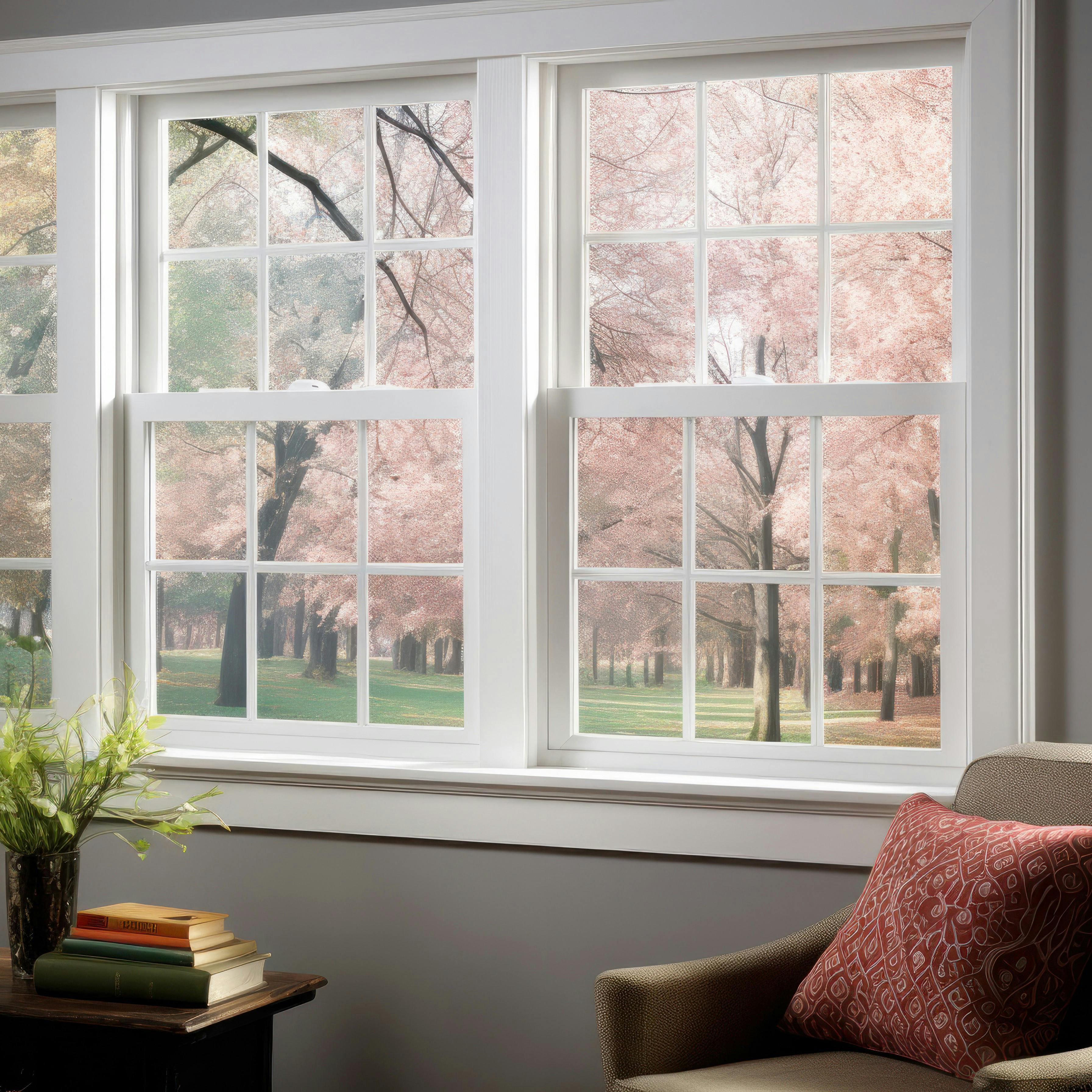 Windows open to an outside view from within a living room